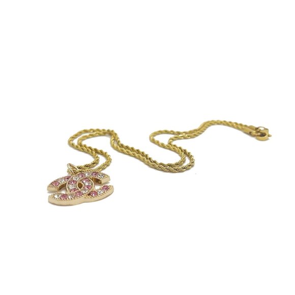 CHANEL CC Pink Rhinestone Charm Pendant on Necklace Gold Plated Chain - Picture 8 of 10